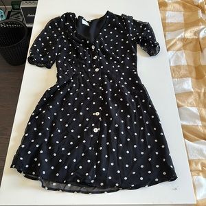 Artizia Black White Polka Dot Printed V-Neck Dress With Button Size 2